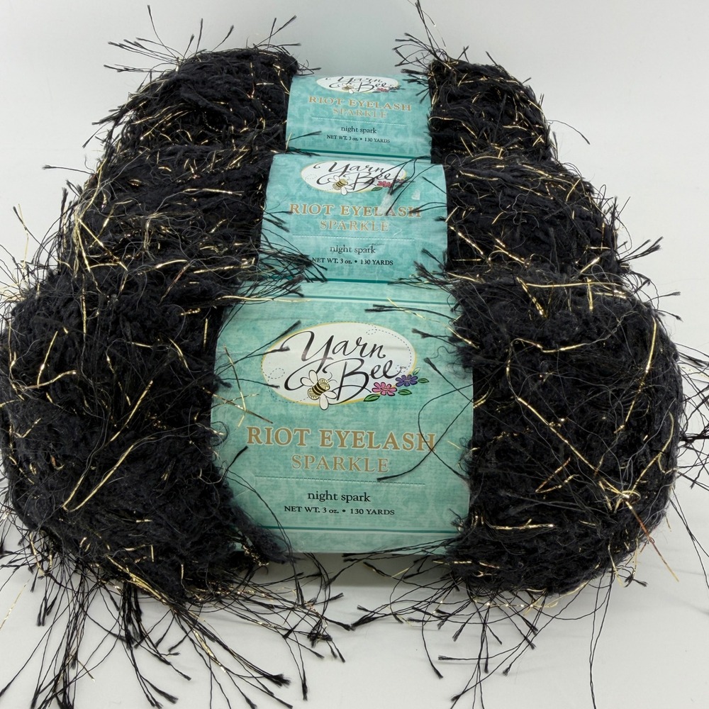 Yarn Bee Riot Eyelash Sparkle Night Spark Black Gold Metallic Yarn Lot of 3